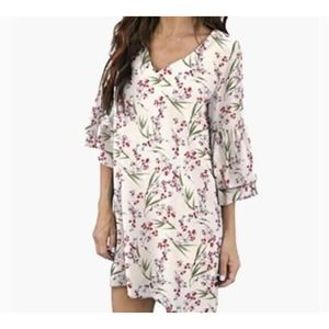 Belongsci Women's Dress Bell Sleeve V Neck Floral Boho Casual Size S